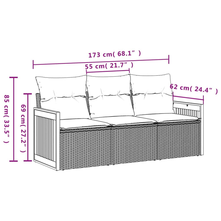 3-delige Loungeset met kussens poly rattan zwart