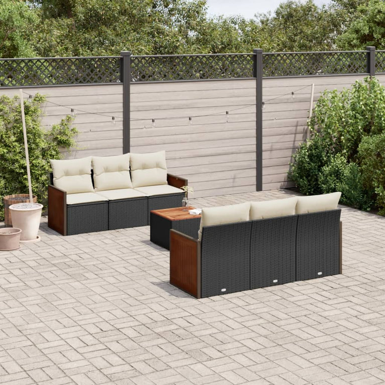 7-delige Loungeset met kussens poly rattan zwart