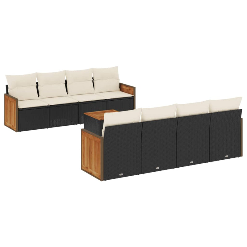 9-delige Loungeset met kussens poly rattan zwart