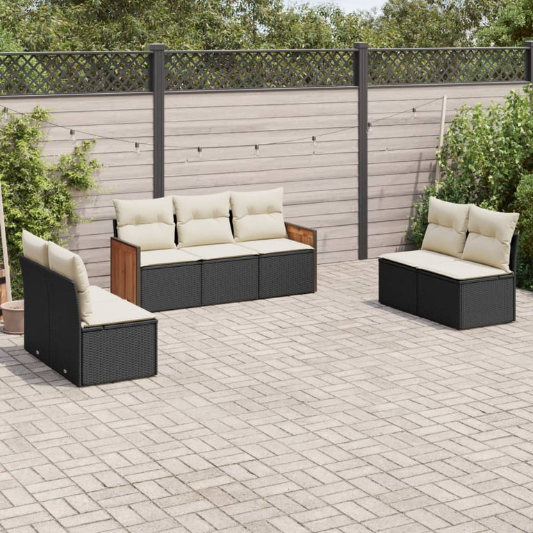 7-delige Loungeset met kussens poly rattan zwart