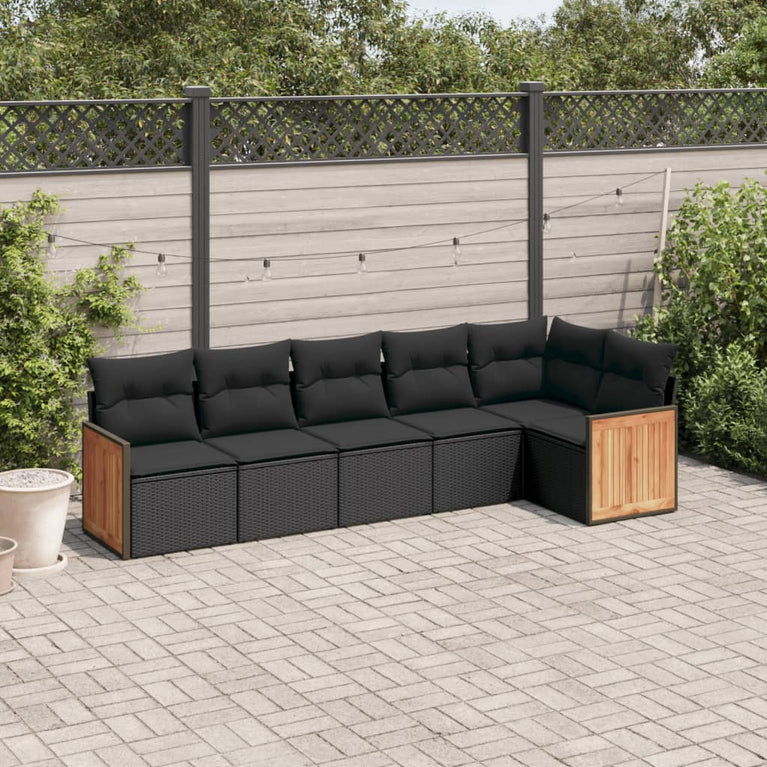 6-delige Loungeset met kussens poly rattan zwart