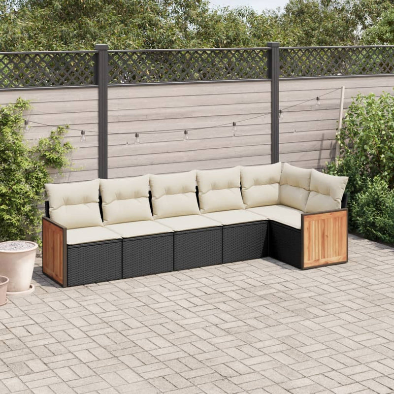 6-delige Loungeset met kussens poly rattan zwart