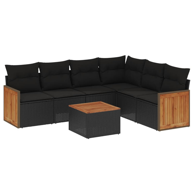 7-delige Loungeset met kussens poly rattan zwart