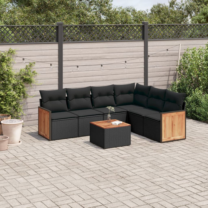 7-delige Loungeset met kussens poly rattan zwart