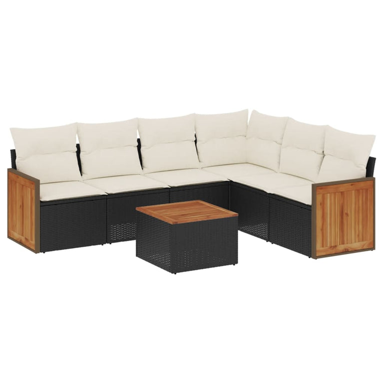 7-delige Loungeset met kussens poly rattan zwart