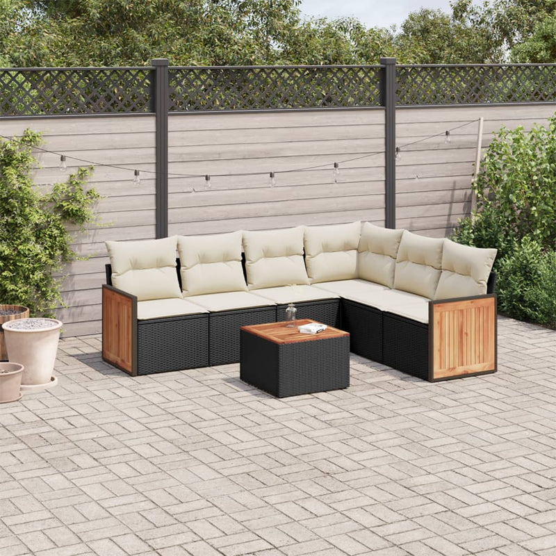 7-delige Loungeset met kussens poly rattan zwart
