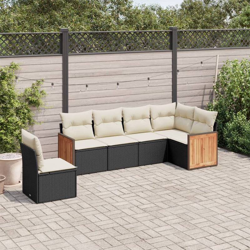 6-delige Loungeset met kussens poly rattan zwart