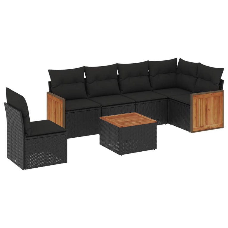 7-delige Loungeset met kussens poly rattan zwart