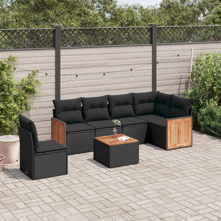 7-delige Loungeset met kussens poly rattan zwart