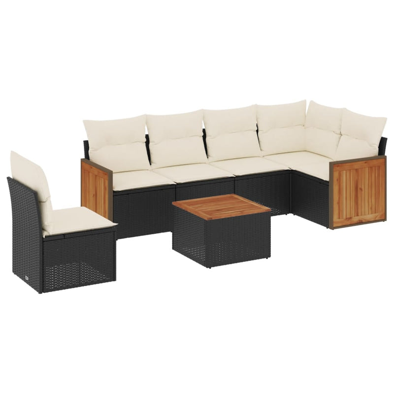 7-delige Loungeset met kussens poly rattan zwart