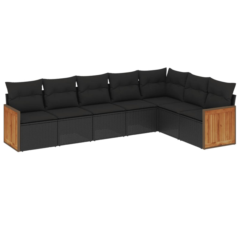 7-delige Loungeset met kussens poly rattan zwart