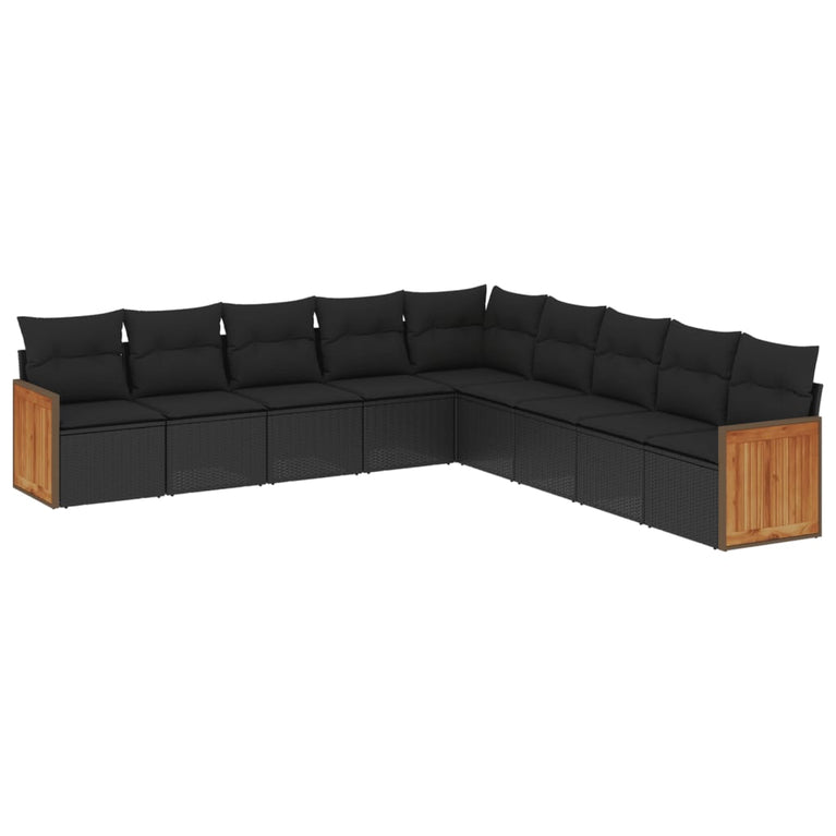 9-delige Loungeset met kussens poly rattan zwart