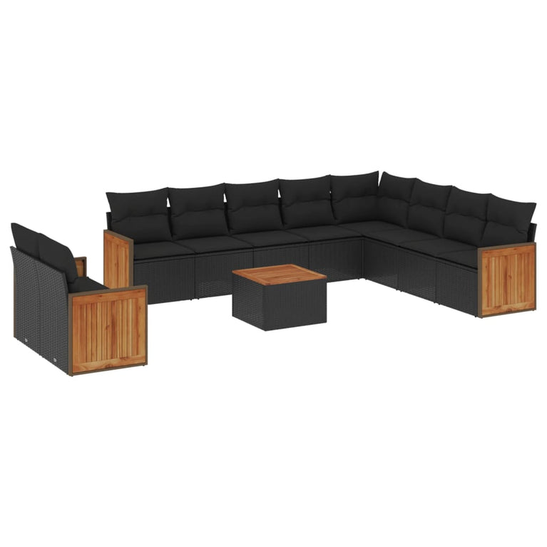 11-delige Loungeset met kussens poly rattan zwart