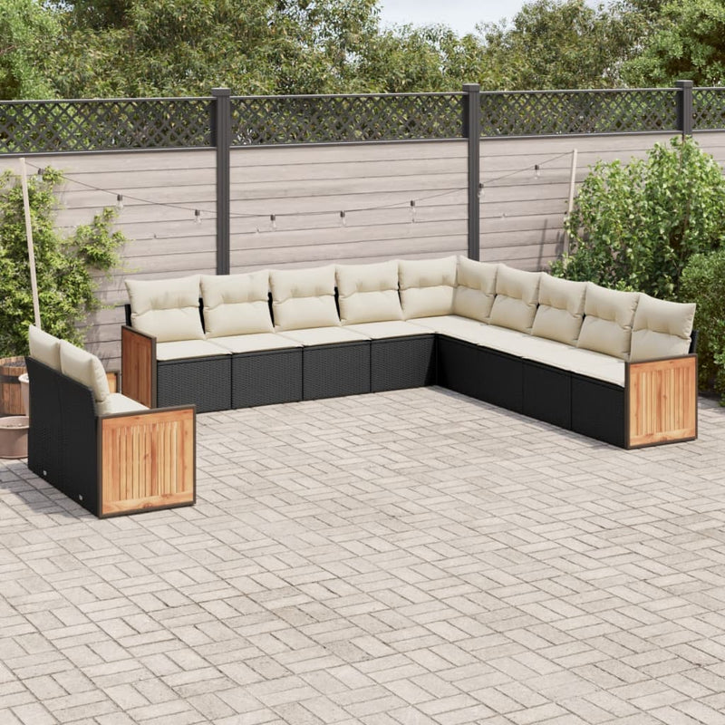 11-delige Loungeset met kussens poly rattan zwart