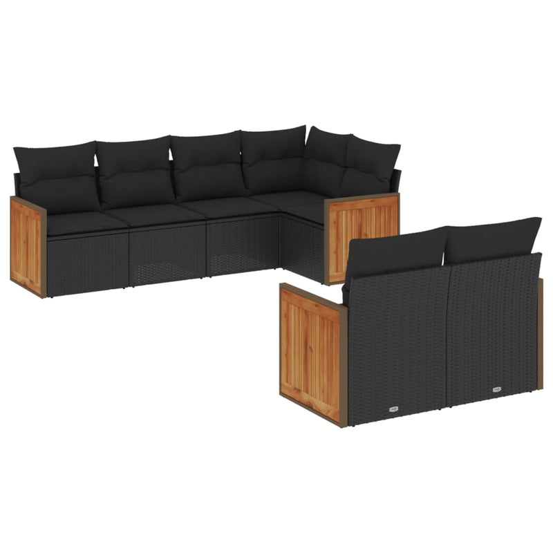 7-delige Loungeset met kussens poly rattan zwart