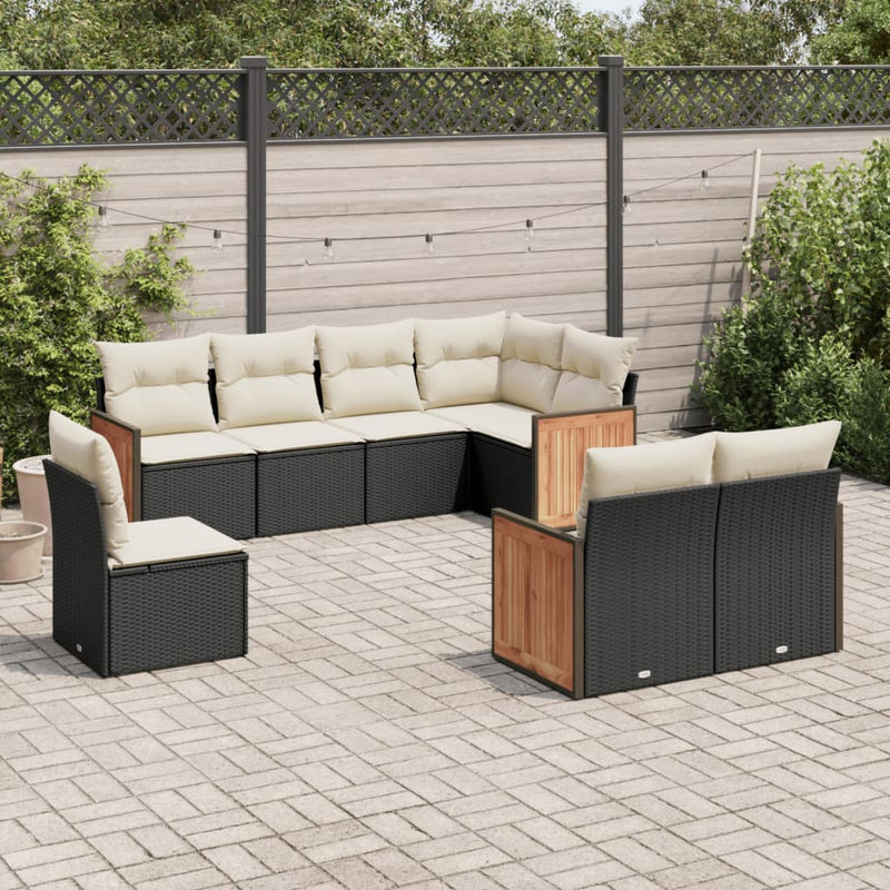 8-delige Loungeset met kussens poly rattan zwart