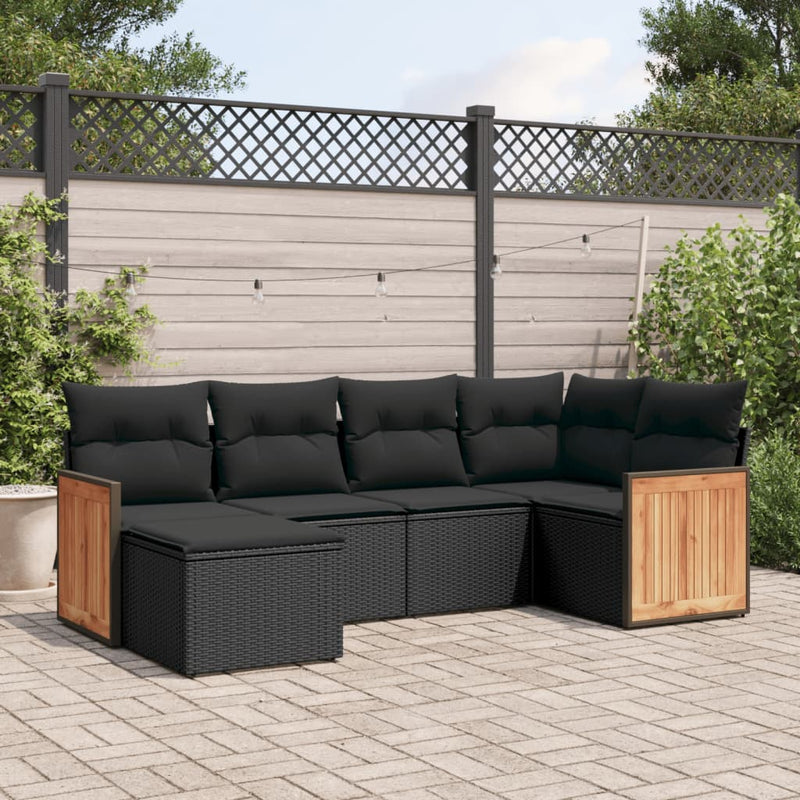 6-delige Loungeset met kussens poly rattan zwart