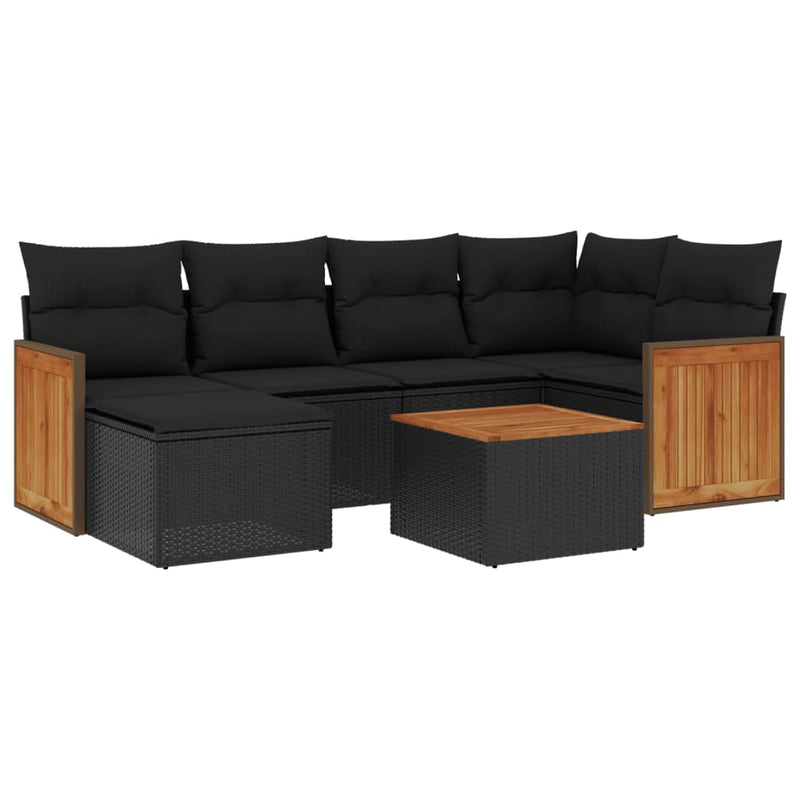 7-delige Loungeset met kussens poly rattan zwart