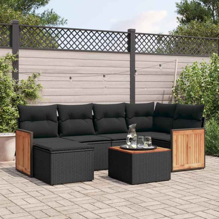 7-delige Loungeset met kussens poly rattan zwart