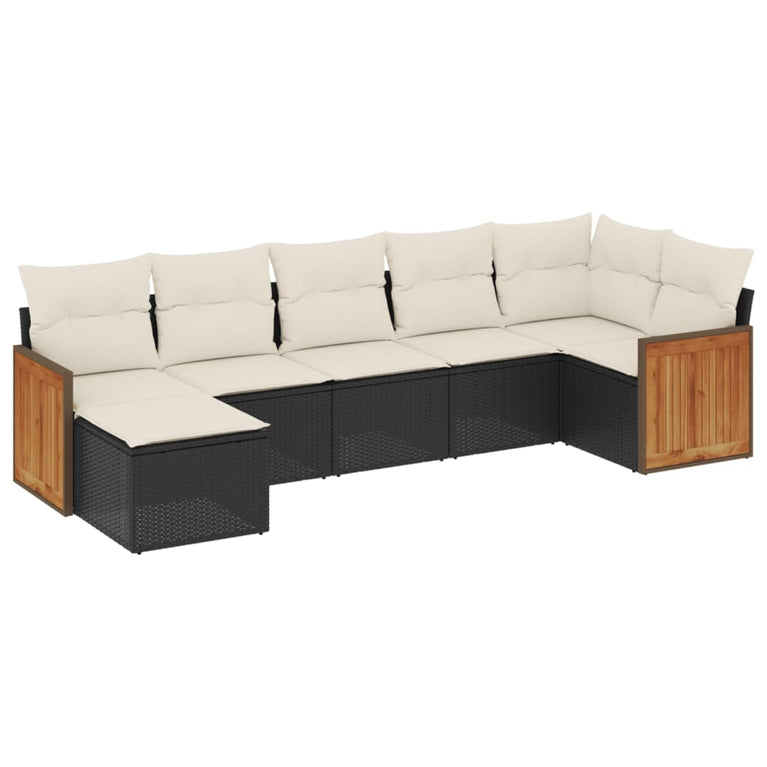 7-delige Loungeset met kussens poly rattan zwart