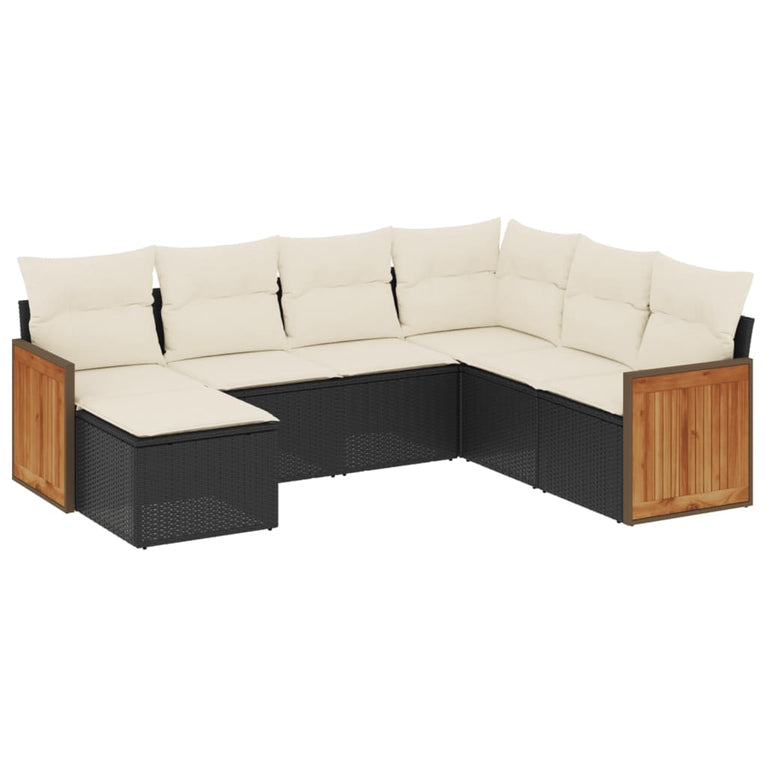 7-delige Loungeset met kussens poly rattan zwart