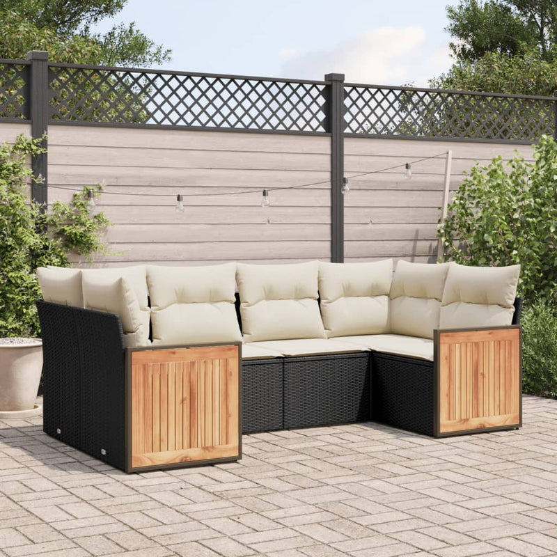 6-delige Loungeset met kussens poly rattan zwart