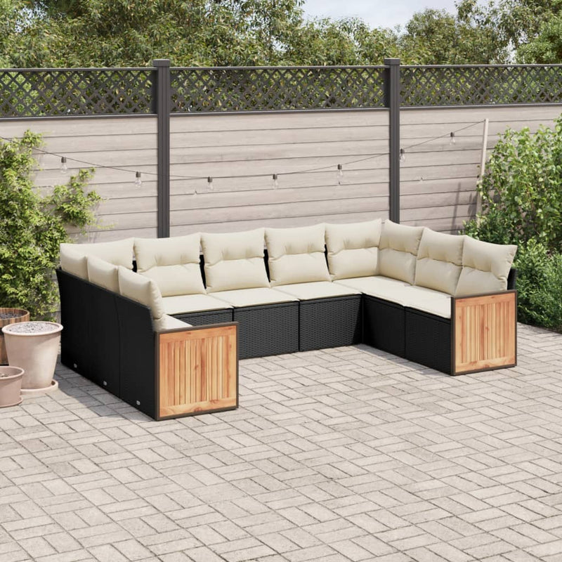 9-delige Loungeset met kussens poly rattan zwart
