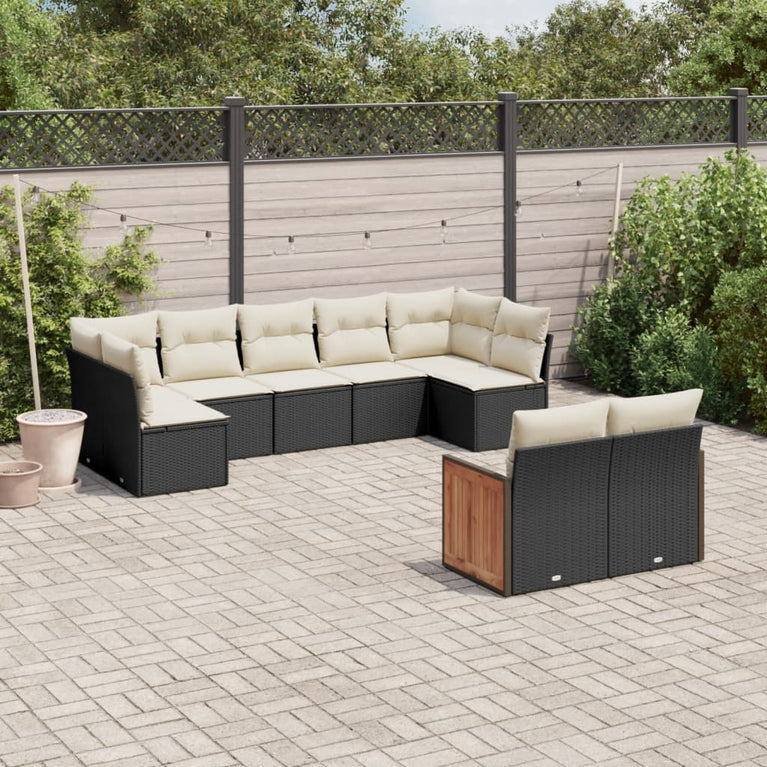 9-delige Loungeset met kussens poly rattan zwart