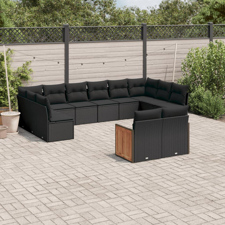 12-delige Loungeset met kussens poly rattan zwart
