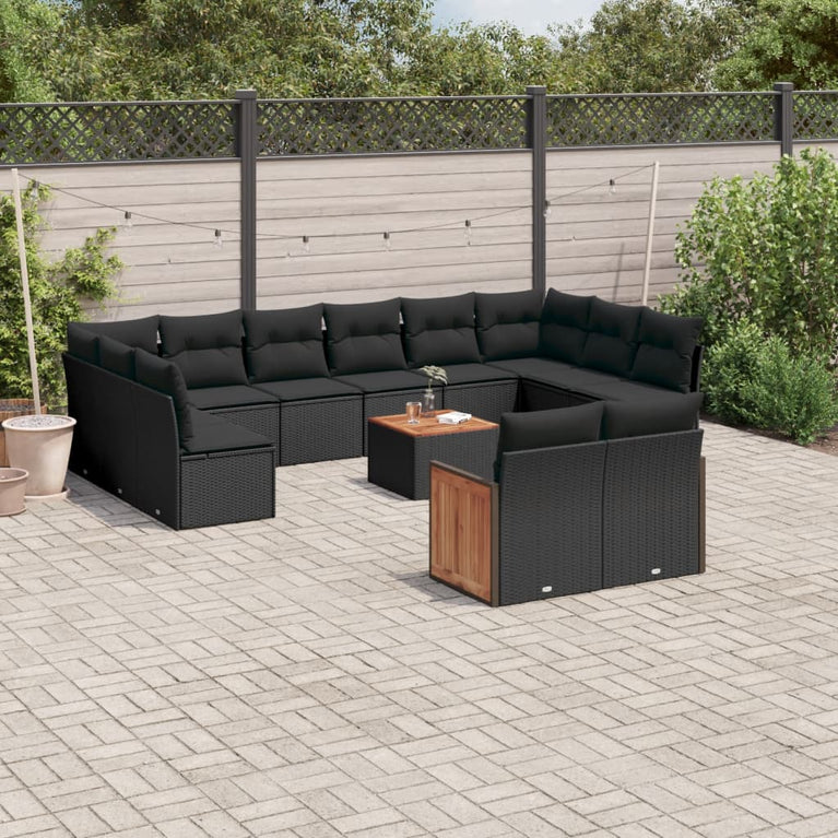13-delige Loungeset met kussens poly rattan zwart