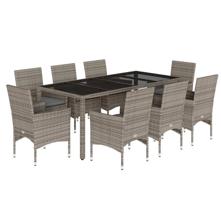 9-delige Tuinset met kussens poly rattan en glas grijs