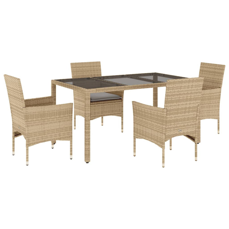 5-delige Tuinset met kussens poly rattan en glas beige