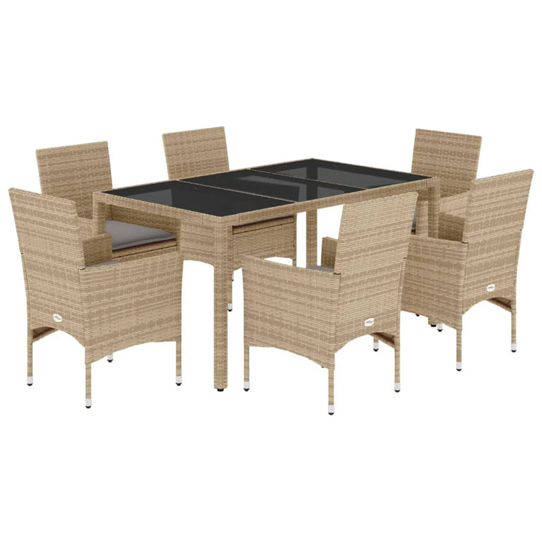 7-delige Tuinset met kussens poly rattan en glas beige