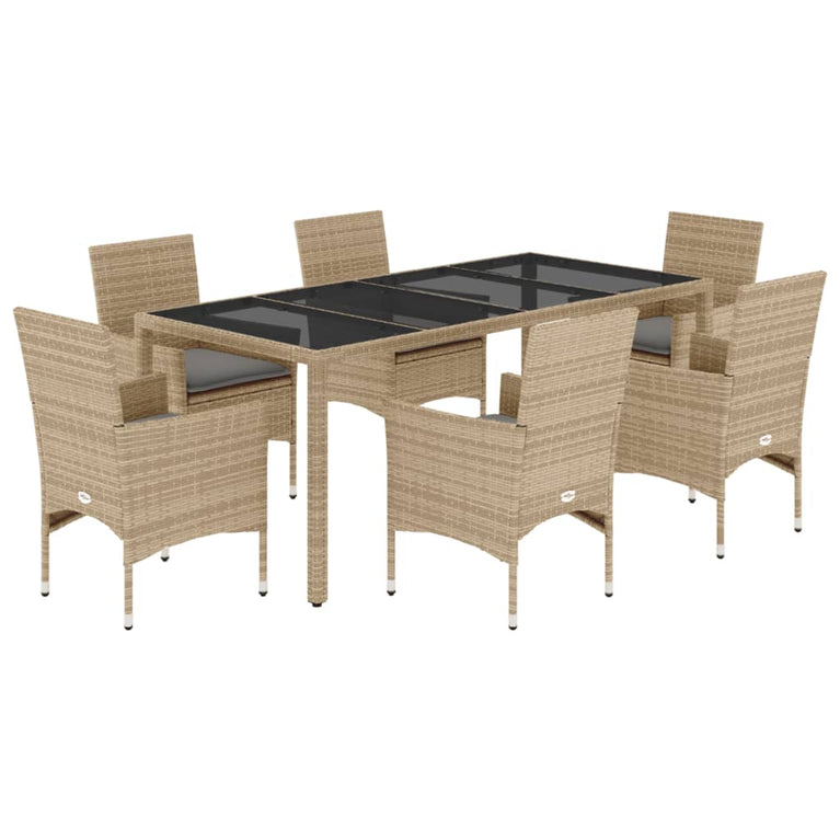 7-delige Tuinset met kussens poly rattan en glas beige