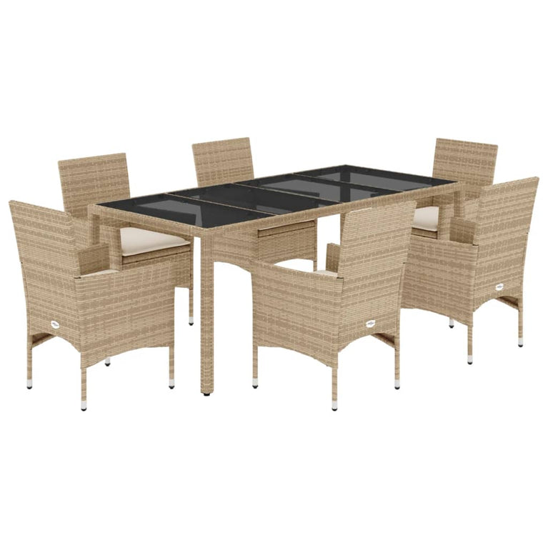 7-delige Tuinset met kussens poly rattan en glas beige