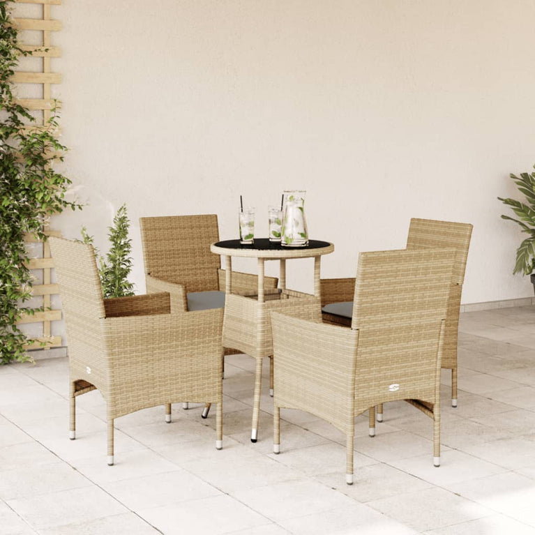 5-delige Tuinset met kussens poly rattan en glas beige