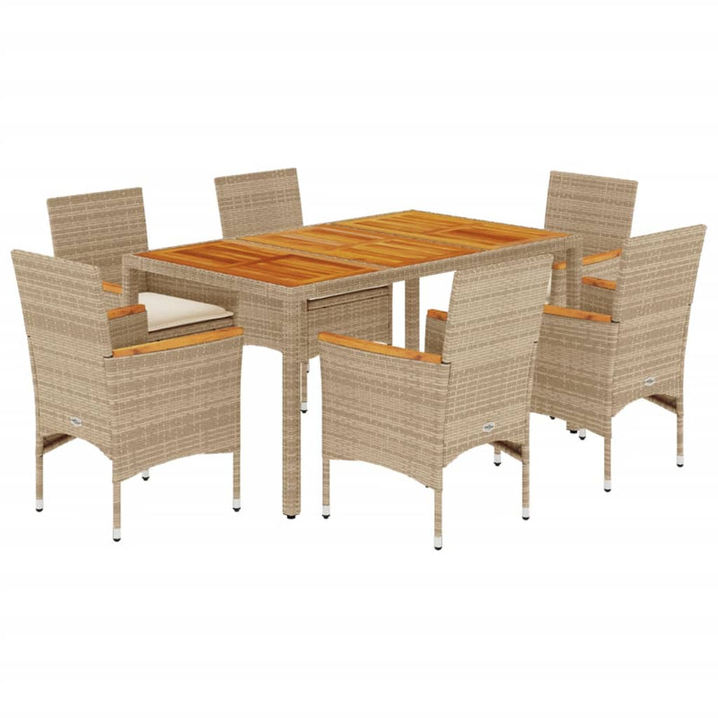7-delige Tuinset met kussens poly rattan en acaciahout beige
