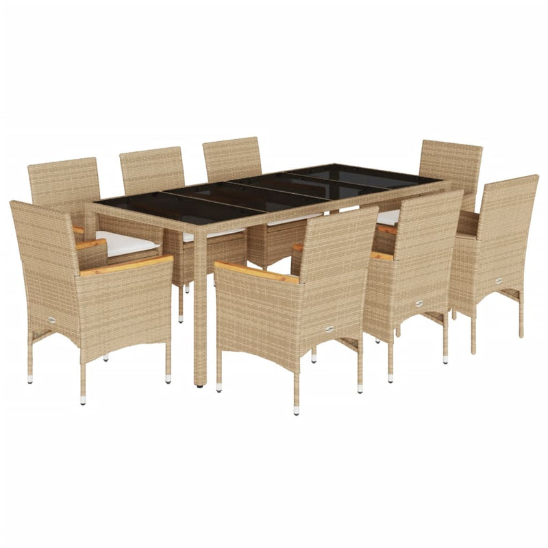 9-delige Tuinset met kussens poly rattan en glas beige
