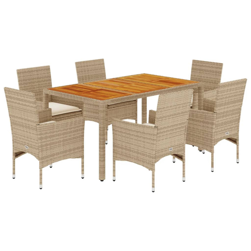7-delige Tuinset met kussens poly rattan en acaciahout beige