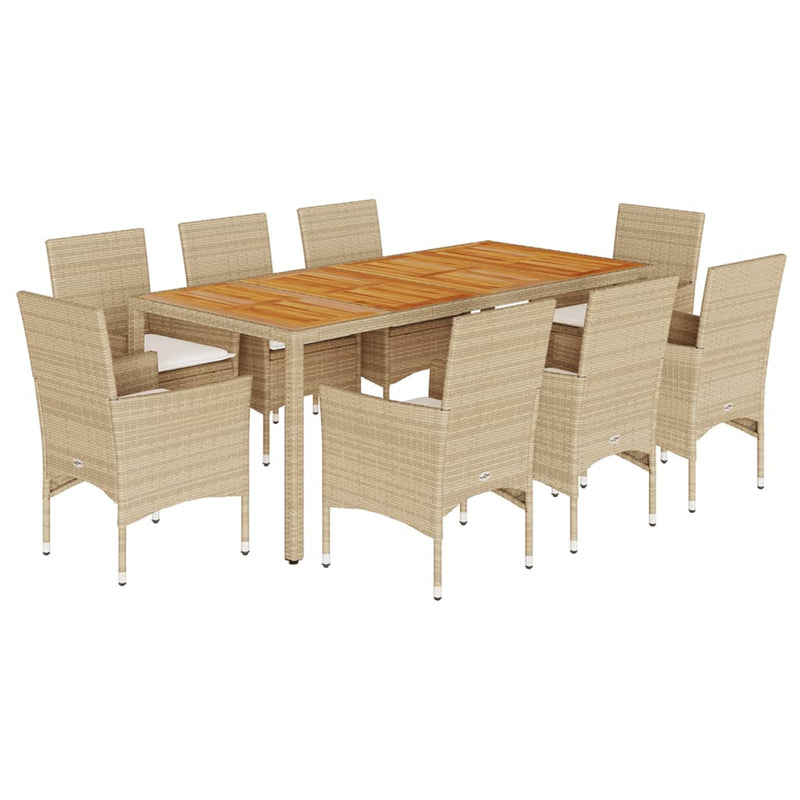 9-delige Tuinset met kussens poly rattan en acaciahout beige