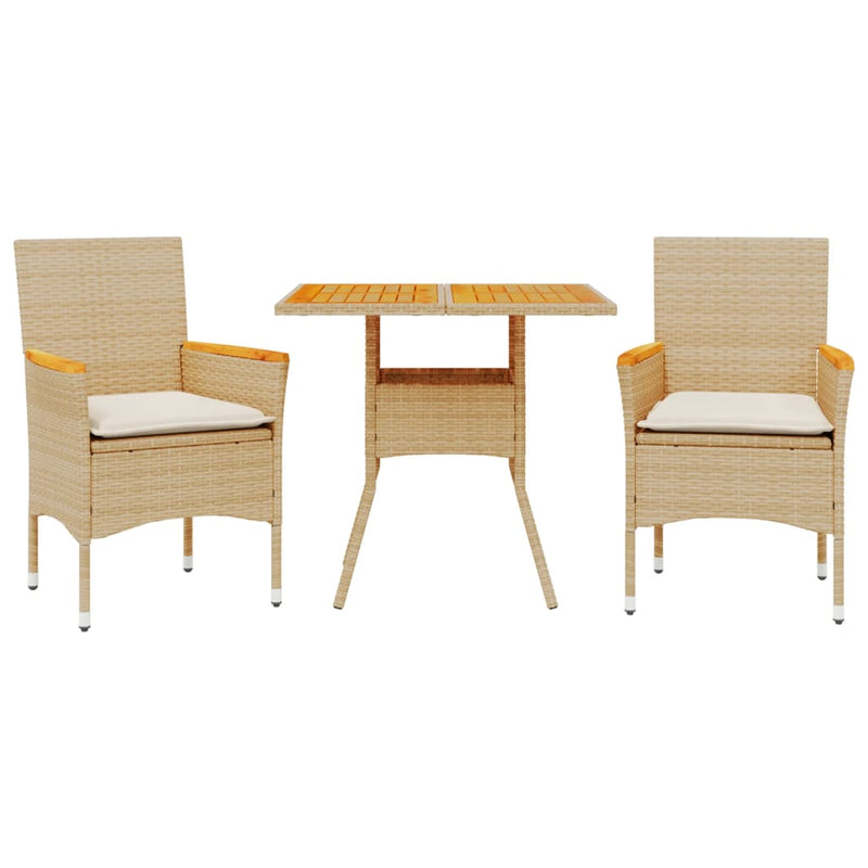 3-delige Tuinset met kussens poly rattan en acaciahout beige