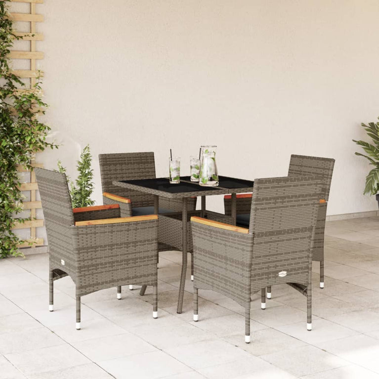 5-delige Tuinset met kussens poly rattan en glas grijs