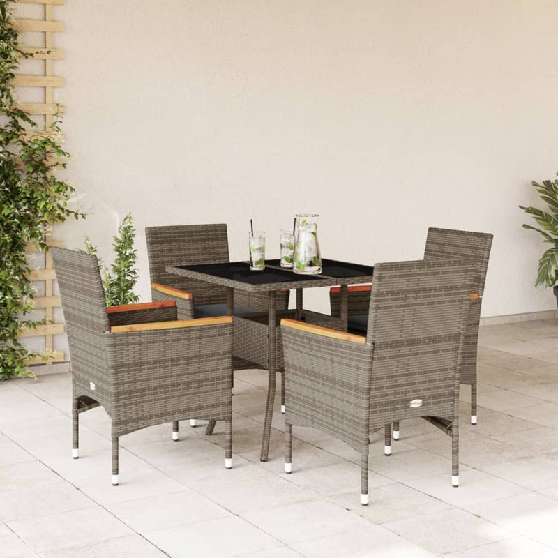 5-delige Tuinset met kussens poly rattan en glas grijs