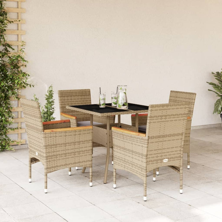 5-delige Tuinset met kussens poly rattan en glas beige