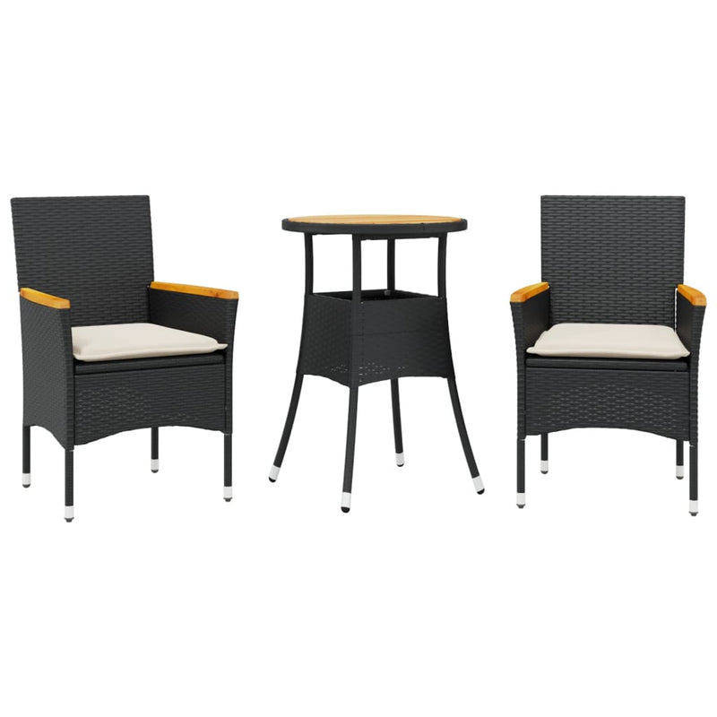 3-delige Tuinset met kussens poly rattan en acaciahout zwart