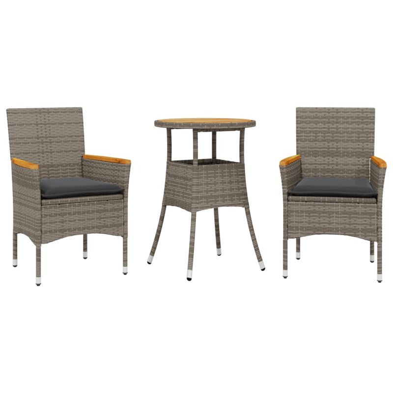 3-delige Tuinset met kussens poly rattan en acaciahout grijs