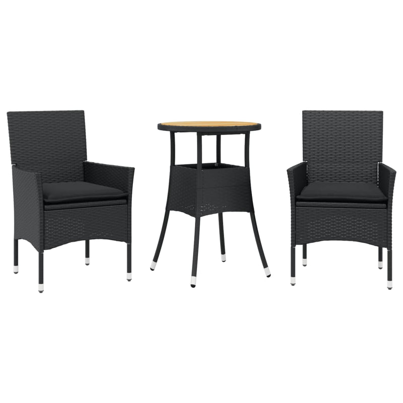 3-delige Tuinset met kussens poly rattan en acaciahout zwart