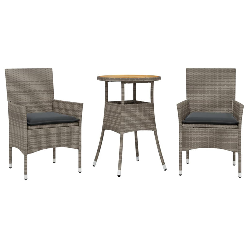 3-delige Tuinset met kussens poly rattan en acaciahout grijs