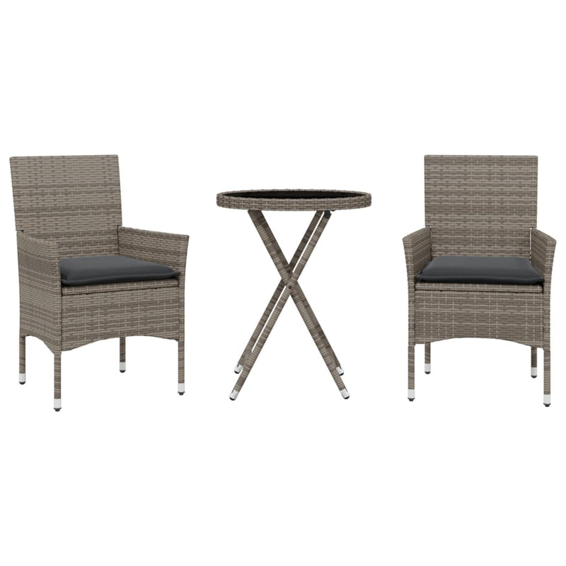 3-delige Bistroset met kussens poly rattan en glas grijs