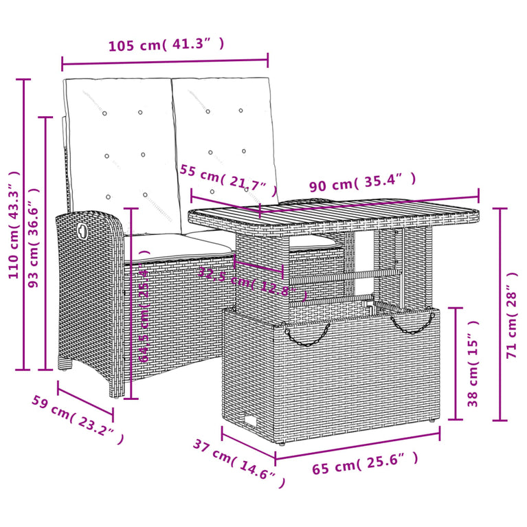 2-delige Tuinset met kussens poly rattan zwart